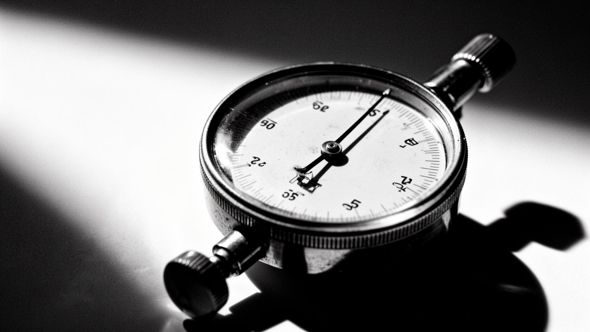 High-contrast monochrome close-up of a precision dial gauge, symbolizing objective measurement of enterprise AI maturity beyond survey data
