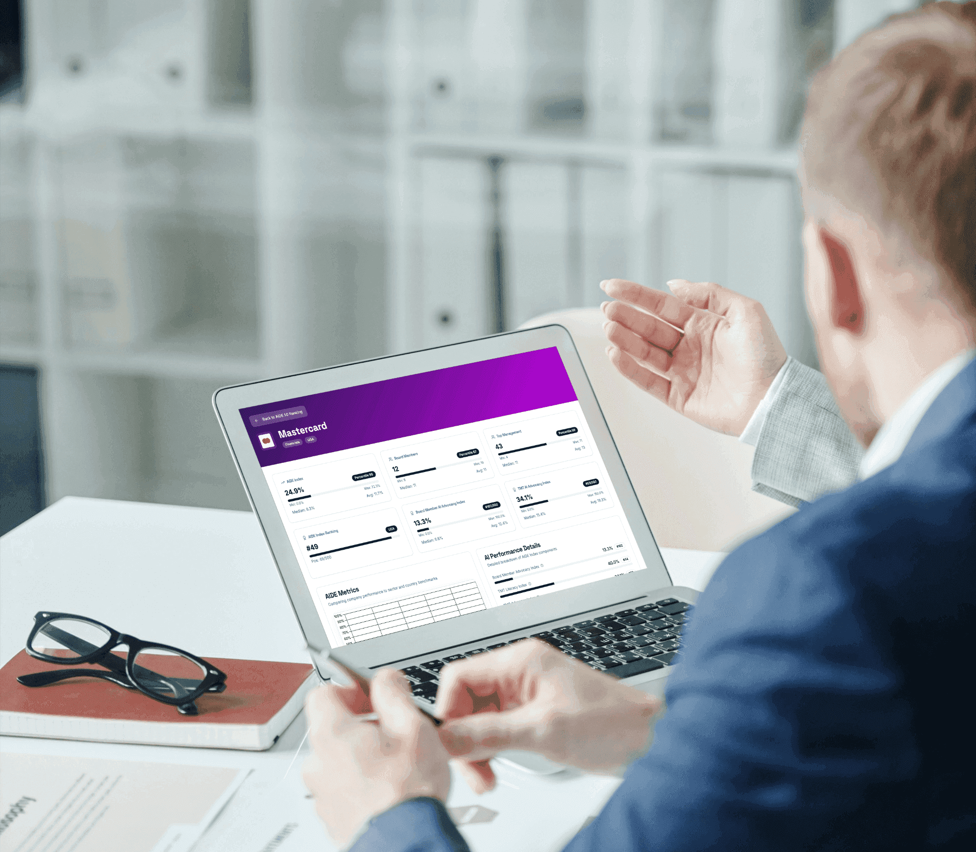 Professional analyzing AI metrics and data on laptop dashboard